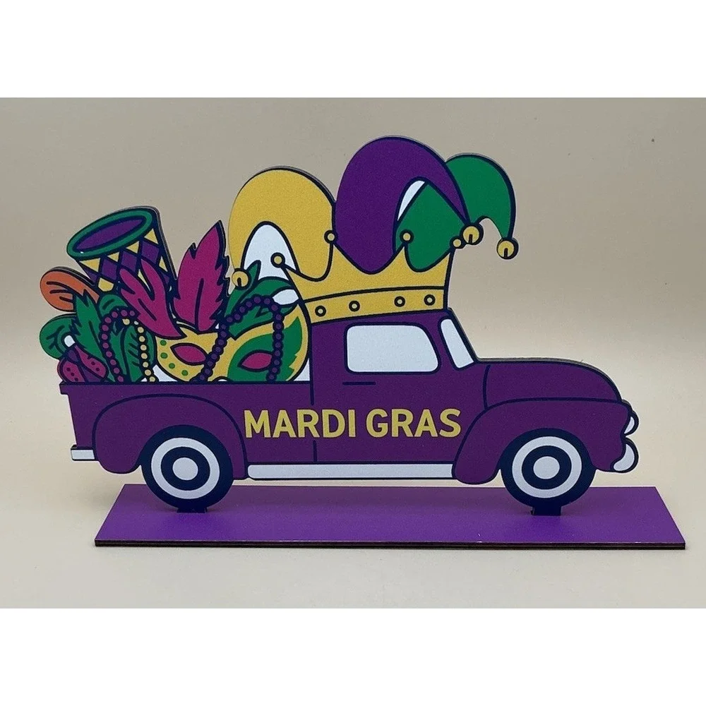 Mardi Gras 5 Festive Wooden‎ Table Top Signs w/Bases - NEW Open Bag